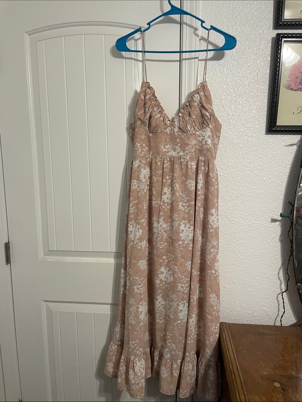 Ruched Bust Blush Floral Midi Dress with Ruffle Hem